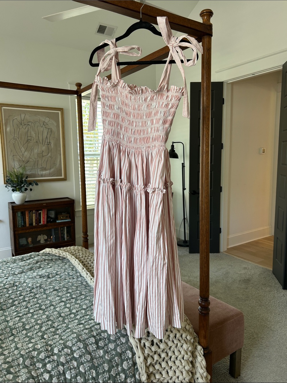 Pink and White Striped Tie-Shoulder Smocked Midi Dress